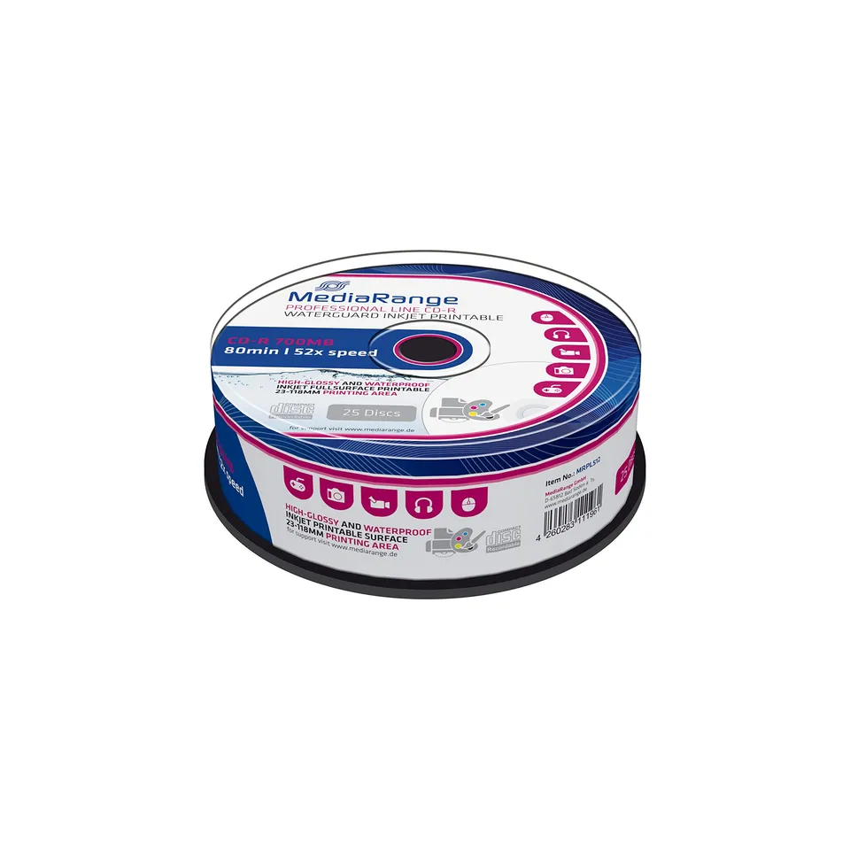 mediarange-cd-r-700mb-80-min-25er-pack-52x-inkjet-bedruckbar-waterguard image 1