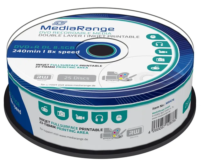 mediarange-dvd-r-dl-8-5gb-240-min-25er-pack-8x-inkjet-bedruckbar image 1