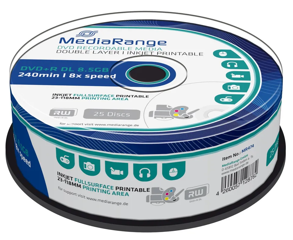 mediarange-dvd-r-dl-8-5gb-240-min-25er-pack-8x-inkjet-bedruckbar image 1