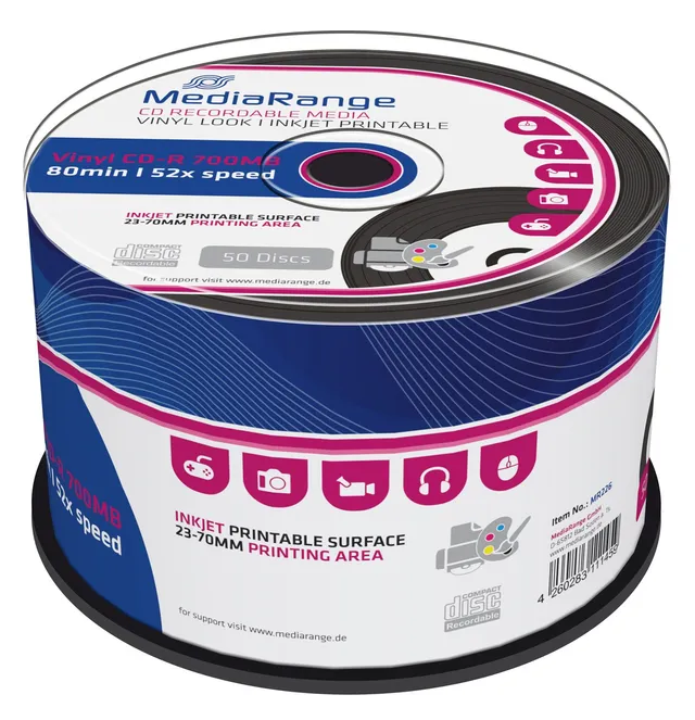 mediarange-vinyl-cd-r-700mb-80-min-50er-pack-52x-inkjet-bedruckbar-23-70-mm-druc image 1