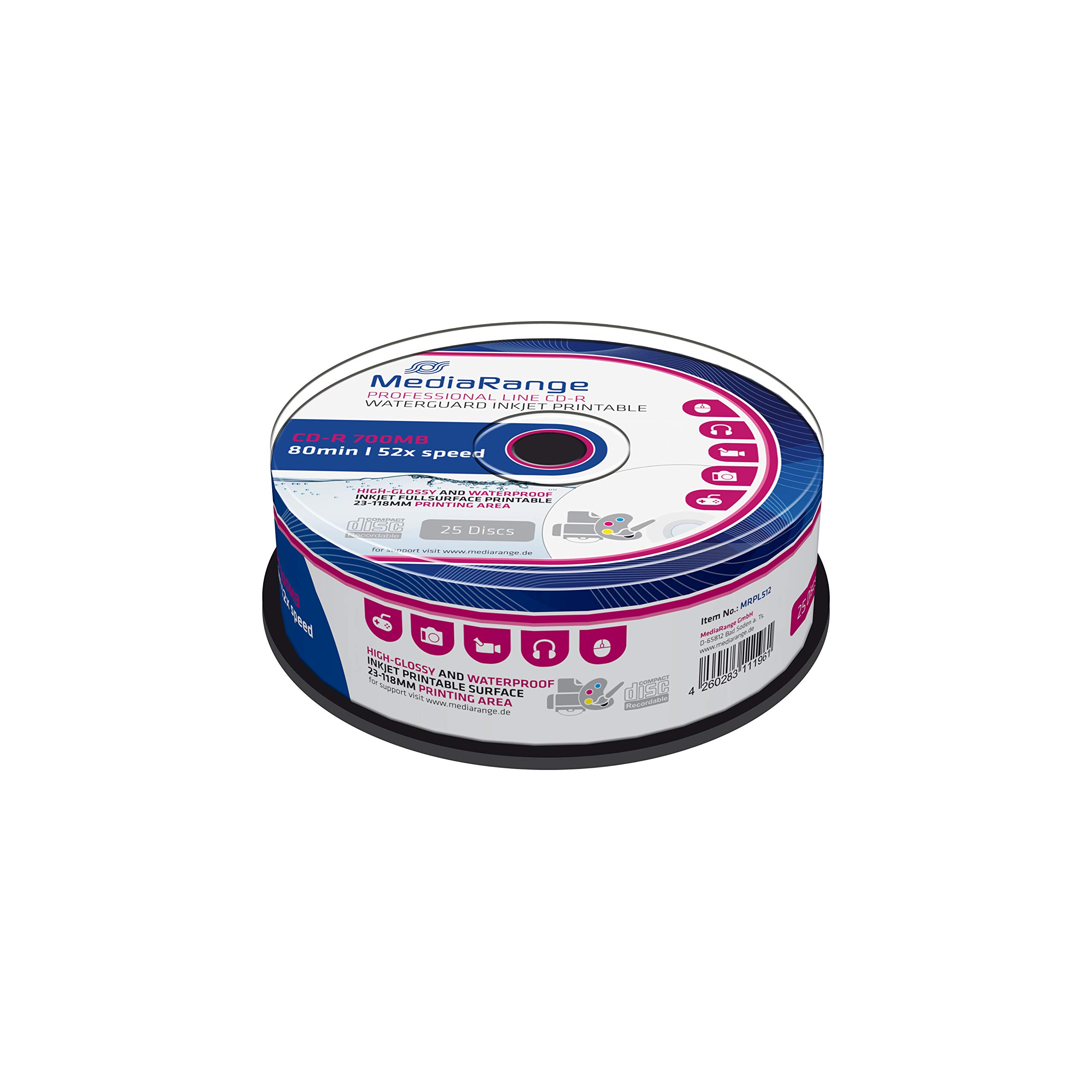 mediarange-cd-r-700mb-80-min-25er-pack-52x-inkjet-bedruckbar-waterguard image 1